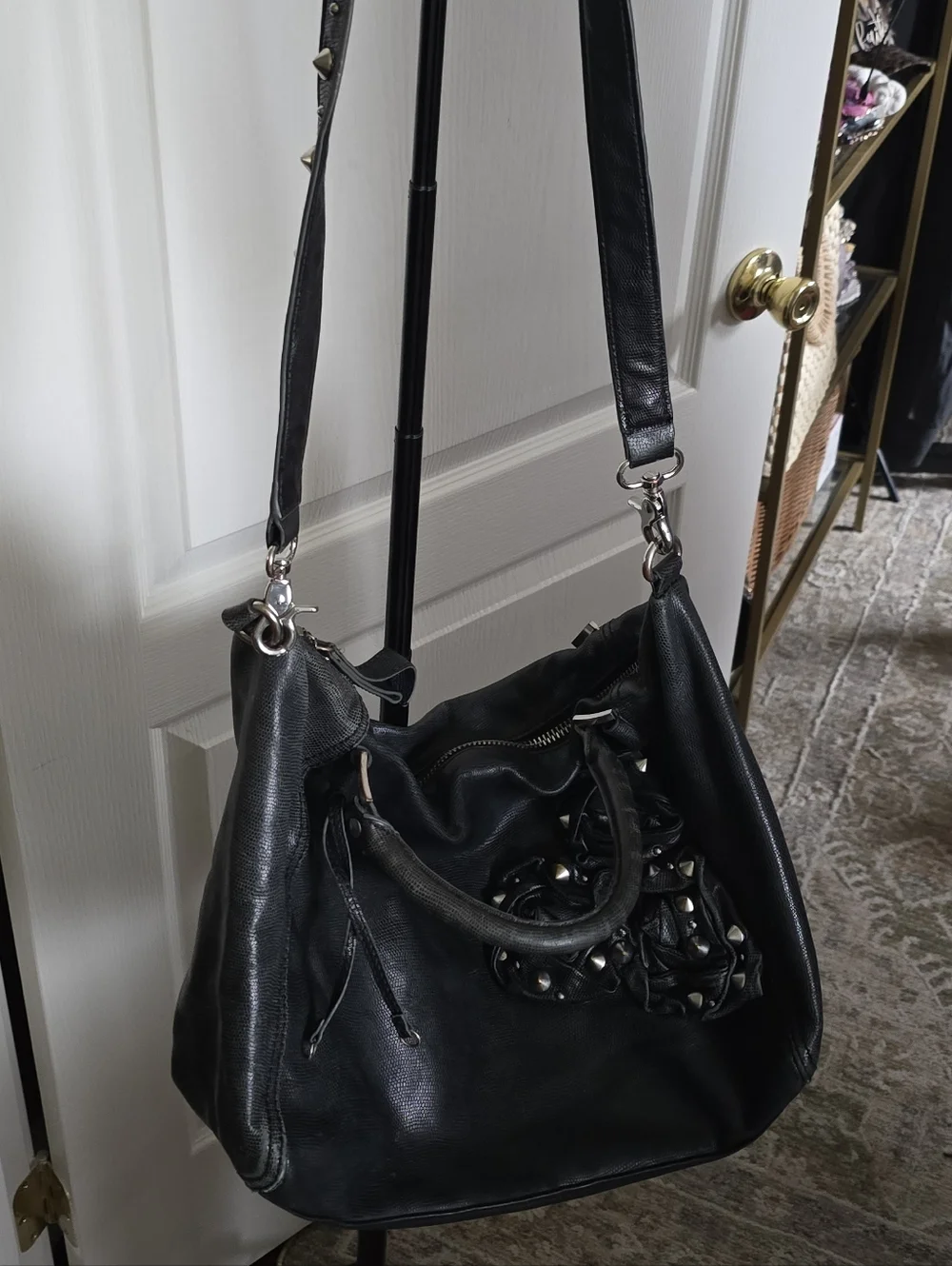 Betsey Johnson Black‎ Lizard Embossed Satchel | Studded Rosette Leopard Interior